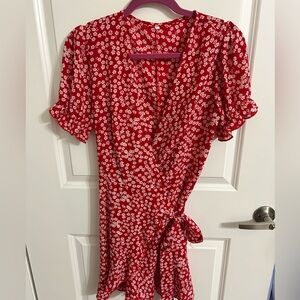 Red floral wrap dress